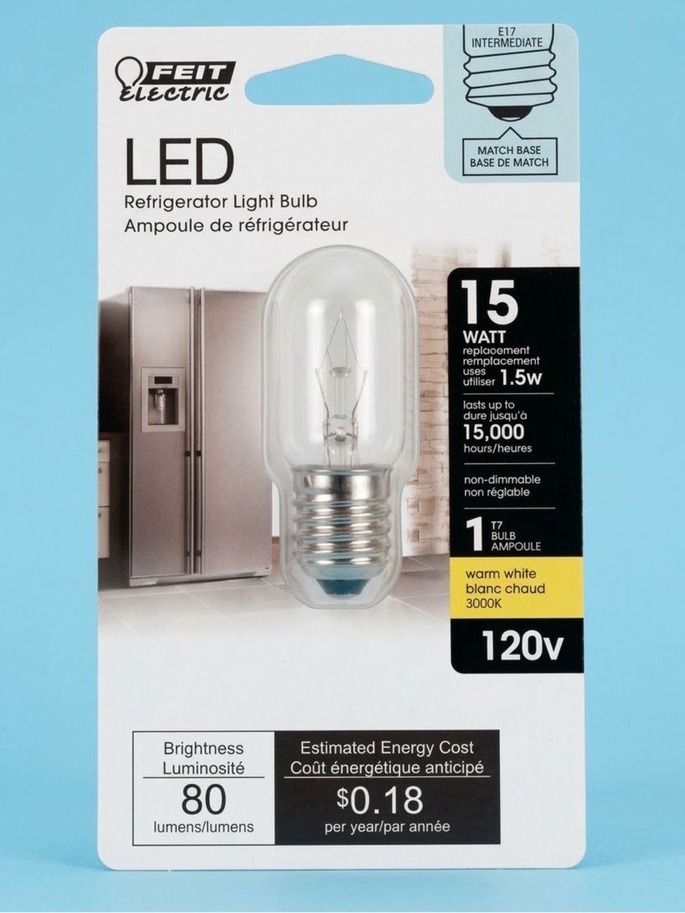 NWT Feit Electric T7 Refrigerator LED Light Bulb 1.5W 80 Lumens E17 Warm White